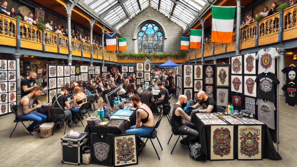 DALL·E 2024-12-12 12.03.57 – A lively tattoo convention set in Galway, Ireland, featuring tattoo artists working on clients, intricate designs being showcased, and attendees admir